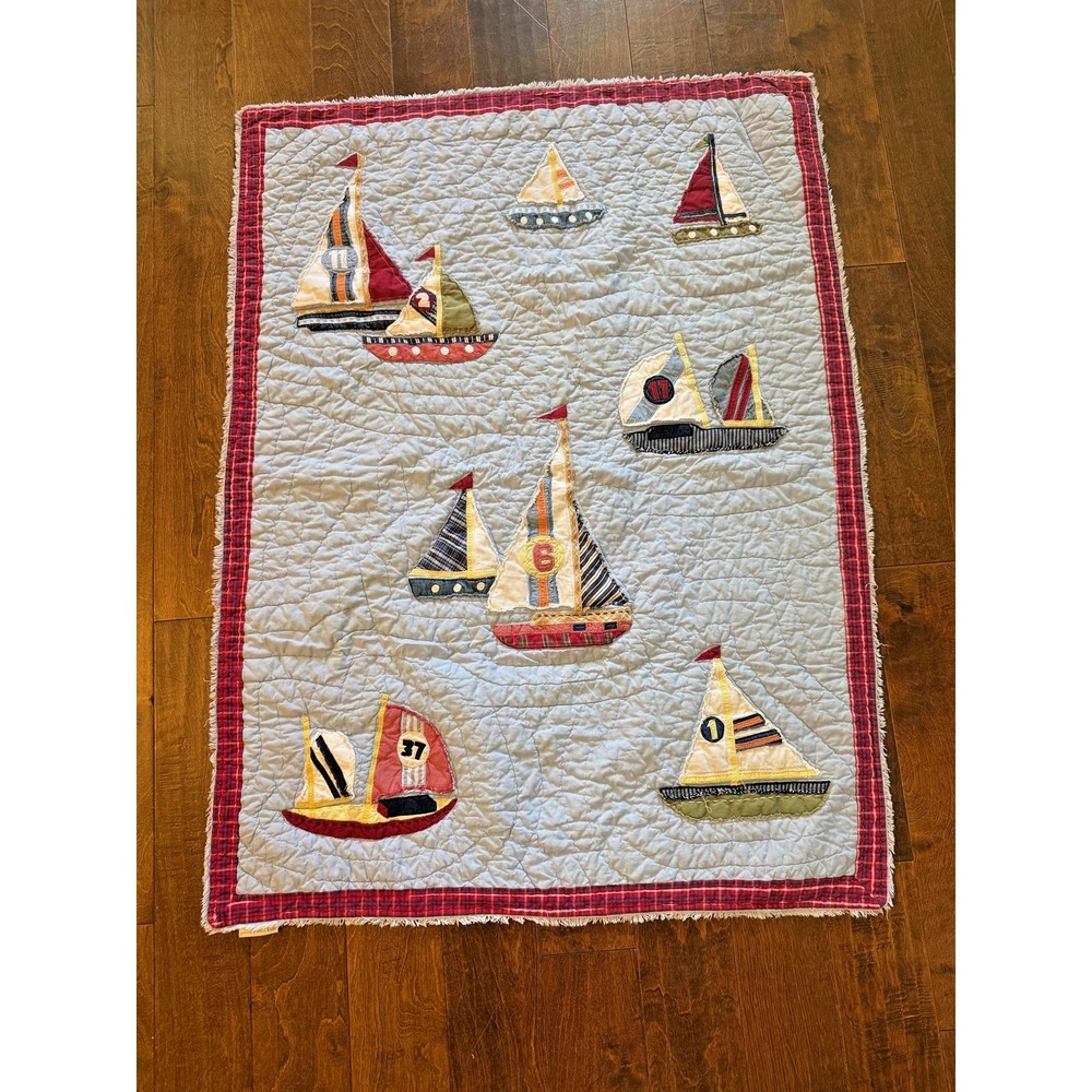 Pottery Barn Kids Quilt Blue 48x36 Embroidered Cotton Sailboat Nursery Throw